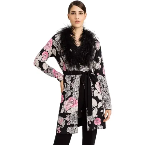 Long Cardigan with Floral Print and Feather Trim , female, Sizes: L, S - Twinset - Modalova