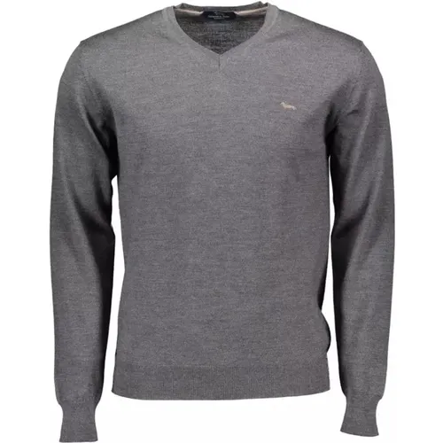 Graues Wollhemd - Langarm Pullover, V-Ausschnitt, Logo , Herren, Größe: 2XL - Harmont & Blaine - Modalova