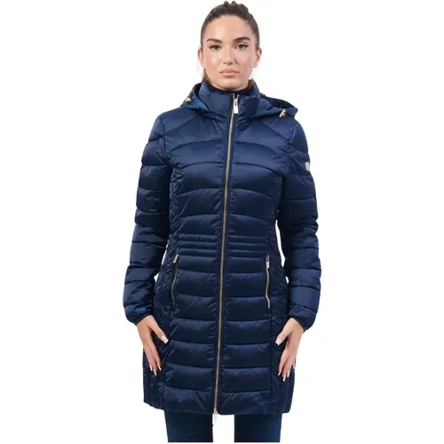 Lange Gesteppte Kapuzenjacke Blau , Damen, Größe: S - YES ZEE - Modalova