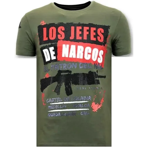 Herren T-Shirt Rhinestone - Los Jefes The Narcos - 11-6372G , Herren, Größe: L - Local Fanatic - Modalova