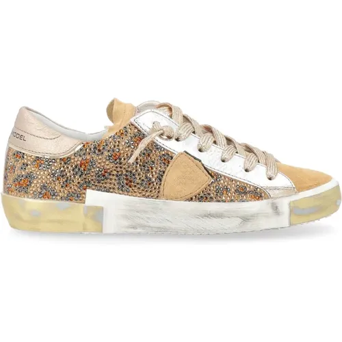 Animalier Strass Beige Sneaker Paris X , Damen, Größe: 40 EU - Philippe Model - Modalova