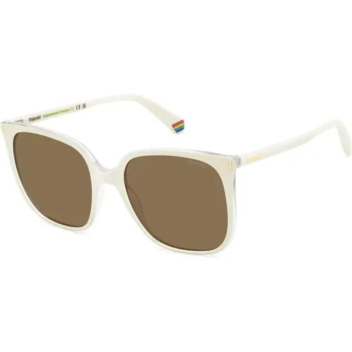 Weiße/Hellbraune Sonnenbrille , Damen, Größe: 56 MM - Polaroid - Modalova
