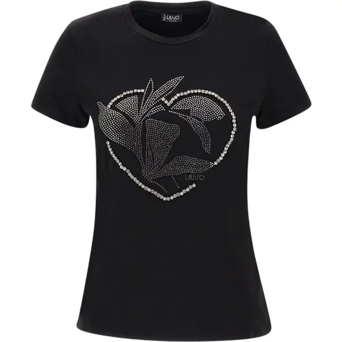 Schwarzes Baumwoll-T-Shirt mit Strass - Liu Jo - Modalova