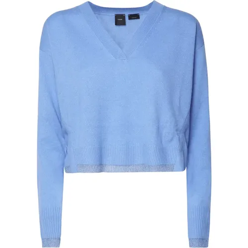 Blaue Baumwoll V-Ausschnitt Pullover , Damen, Größe: L - pinko - Modalova