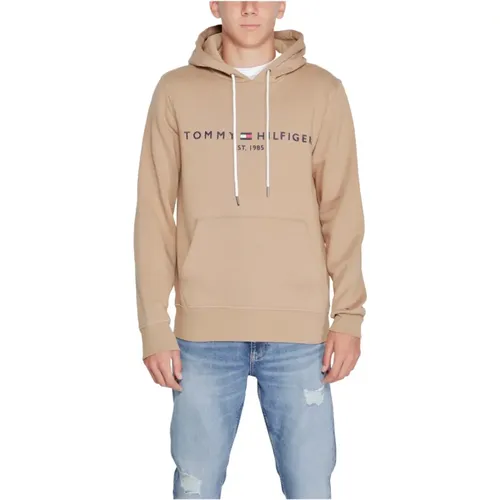 Beiger Bedruckter Kapuzenpullover Herbst/Winter , Herren, Größe: 2XL - Tommy Hilfiger - Modalova