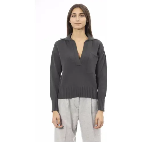 Grüner Woll V-Ausschnitt Pullover mit Fronttasche , Damen, Größe: XL - Alpha Studio - Modalova