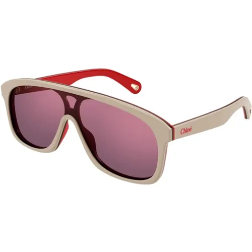 Sporty Pilot Sunglasses with Ivory Frame and Pink Flash Lenses , female, Sizes: ONE SIZE - Chloé - Modalova