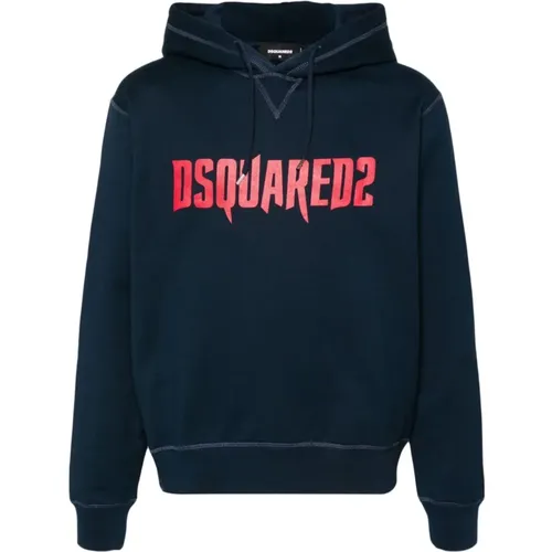 Navy Logo Print Hoodie - Dsquared2 - Modalova