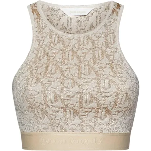 Beiger Strick-Crop-Top mit Monogramm - Palm Angels - Modalova