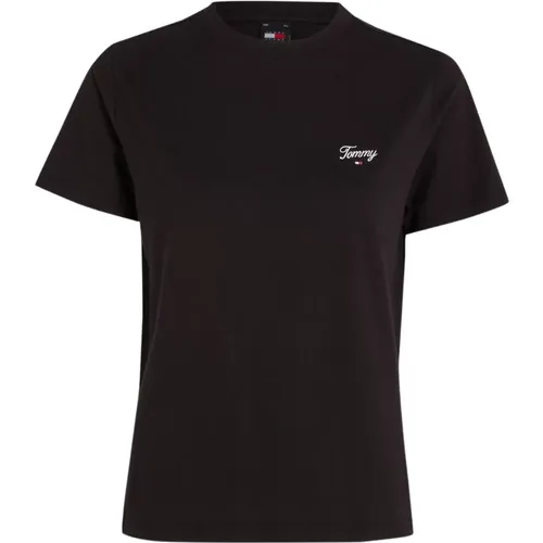 Besticktes Logo Baumwoll-T-Shirt - Schwarz , Damen, Größe: S - Tommy Jeans - Modalova