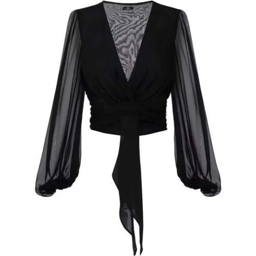 Voile Silk Shirt with Wide Ruffled Sleeves , female, Sizes: L - Elisabetta Franchi - Modalova