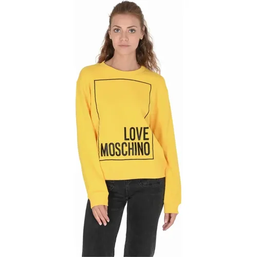 Gelber Baumwoll-Sweatshirt mit Inlay-Detail , Damen, Größe: XL - Love Moschino - Modalova