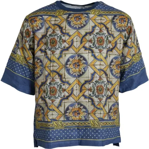 Majolika Print Leinen T-shirt - Dolce & Gabbana - Modalova