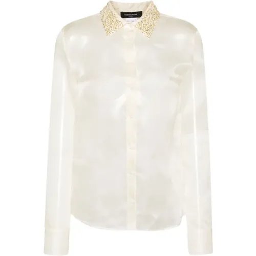 Crystal Embellished Silk Shirt Ivory White , female, Sizes: S - Fabiana Filippi - Modalova