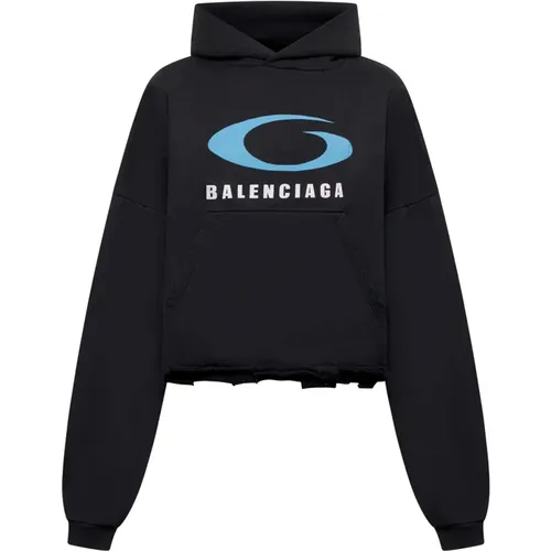 Cotton Cropped Hoodie with Logo , female, Sizes: S, M - Balenciaga - Modalova