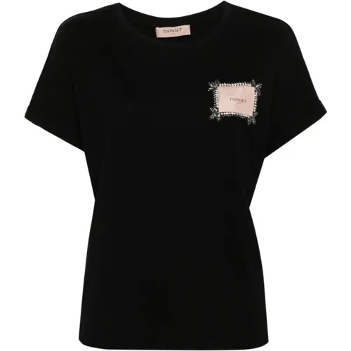 Logo Patch T-shirt with Rhinestone Embellishment , female, Sizes: L, M, XS, S - Twinset - Modalova