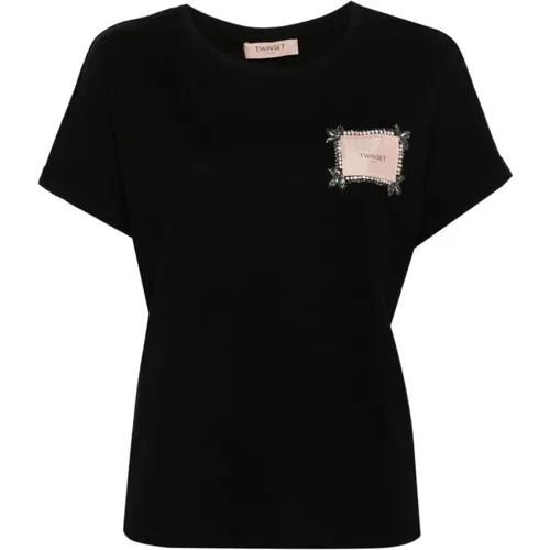 Logo Patch T-shirt with Rhinestone Embellishment , female, Sizes: XS - Twinset - Modalova