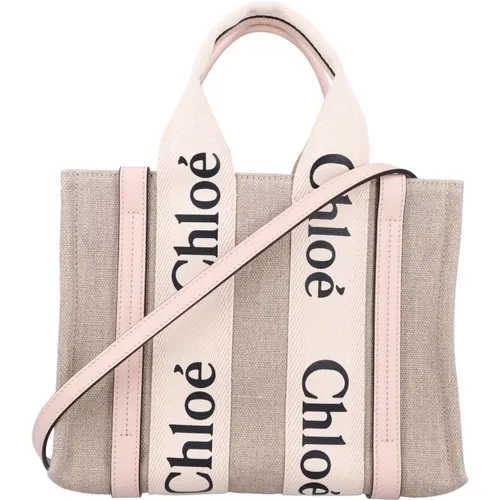 Pink Linen Woody Tote Bag , female, Sizes: ONE SIZE - Chloé - Modalova