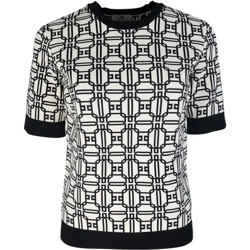 Schwarzer Logo Jacquard Pullover Kurzarm , Damen, Größe: M - Elisabetta Franchi - Modalova