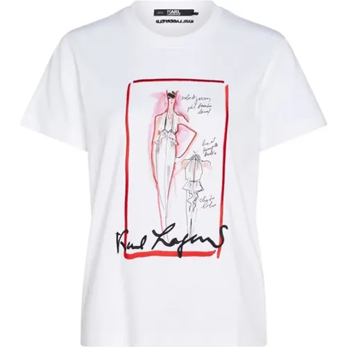 Weißes Sketch Logo Baumwoll T-Shirt , Damen, Größe: L - Karl Lagerfeld - Modalova