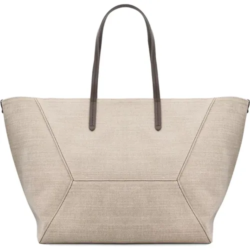 Canvas Shopper Bag with Leather Handles , female, Sizes: ONE SIZE - BRUNELLO CUCINELLI - Modalova
