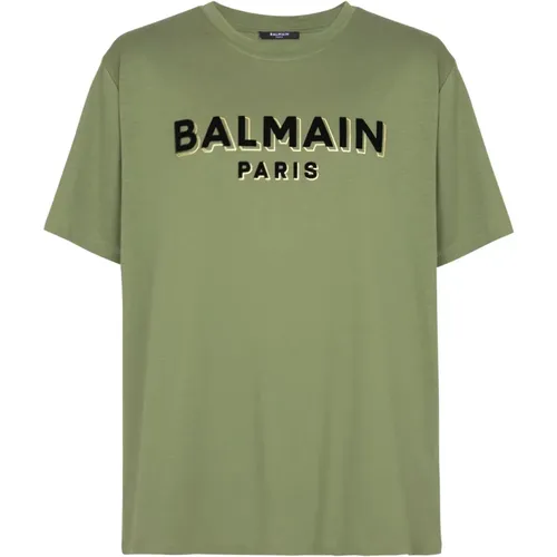 T-Shirt mit beflocktem Paris , Herren, Größe: S - Balmain - Modalova