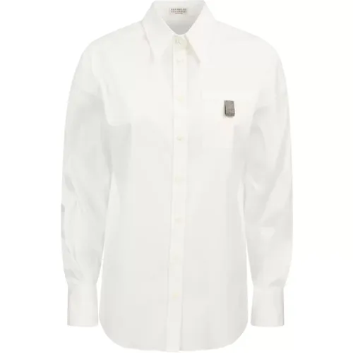 Stretch-Baumwoll-Popeline-Hemd mit glänzendem Tab - BRUNELLO CUCINELLI - Modalova
