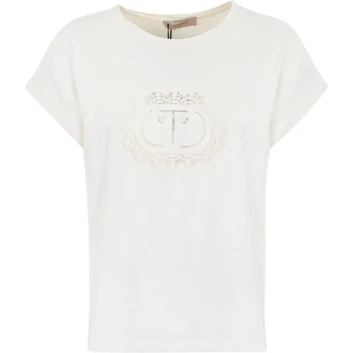 Weiße Baumwoll-T-Shirt mit Spitzenlogo - Twinset - Modalova