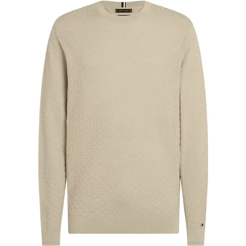 Klassischer Beiger Strickpullover mit Zopfmuster , Herren, Größe: L - Tommy Hilfiger - Modalova