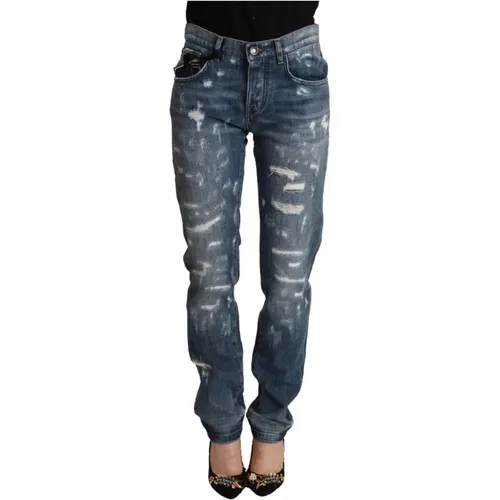 Blaue zerrissene Denim Boyfriend Skinny Jeans , Damen, Größe: 3XS - Dolce & Gabbana - Modalova