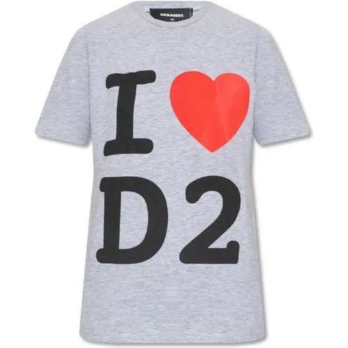 Printed T-shirt, Grey Shirt with Heart Motif , female, Sizes: L - Dsquared2 - Modalova