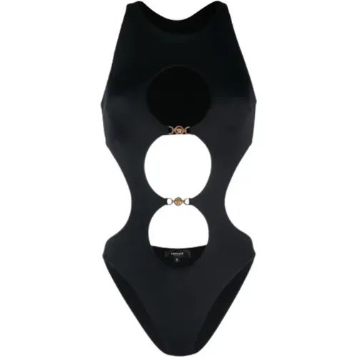 Schwarzer Badeanzug aus recyceltem Lycra mit Cut-Outs und goldfarbenen Medusa-Ketten , Damen, Größe: M - Versace - Modalova