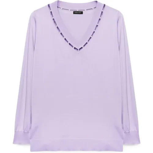 Perlenbordüre V-Ausschnitt Pullover , Damen, Größe: XL - Fiorella Rubino - Modalova
