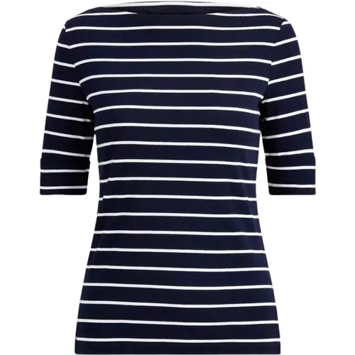 Navy Striped Boat Neck T-Shirt , female, Sizes: L, M - Ralph Lauren - Modalova