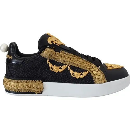 Schwarze Goldene Barock Portofino Leder Sneakers - Dolce & Gabbana - Modalova