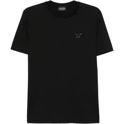 Schwarzes Baumwoll-T-Shirt mit Kurzen Ärmeln und Besticktem Logo , Herren, Größe: L - Emporio Armani - Modalova