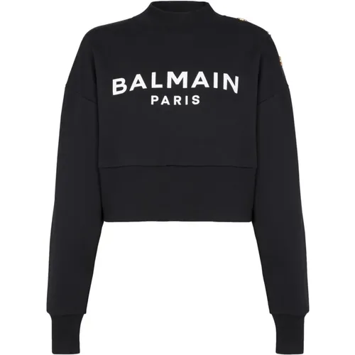 Cropped sweatshirt with Bamain Paris print , female, Sizes: S, M - Balmain - Modalova