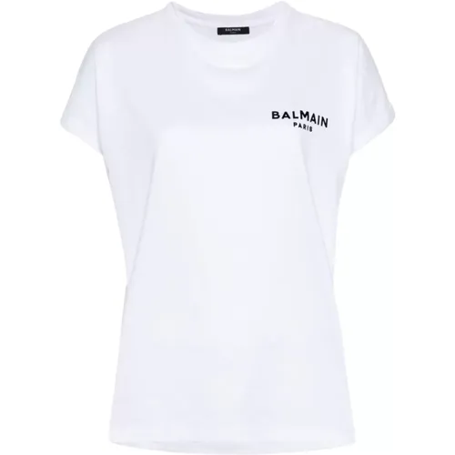 Weiße Baumwoll-Jersey-Rundhals-T-Shirt,T-Shirt mit flockigem Paris-Logo - Balmain - Modalova