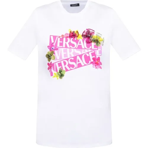 T-shirt with logo , female, Sizes: XS - Versace - Modalova