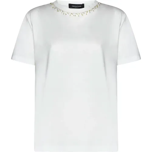 Weiße Perlenbesetzte Crew Neck T-shirts,Weiße Baumwoll-T-Shirt mit Strass - Fabiana Filippi - Modalova