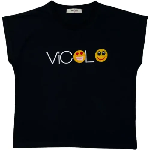 Schwarzes Kinder-T-Shirt mit gehäkeltem Smiley-Logo - ViCOLO - Modalova