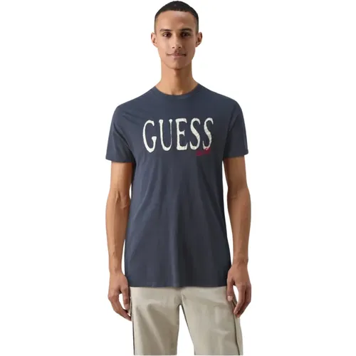 Baumwoll-Logo T-Shirt - Blaue Gerade Passform , Herren, Größe: 2XL - Guess - Modalova