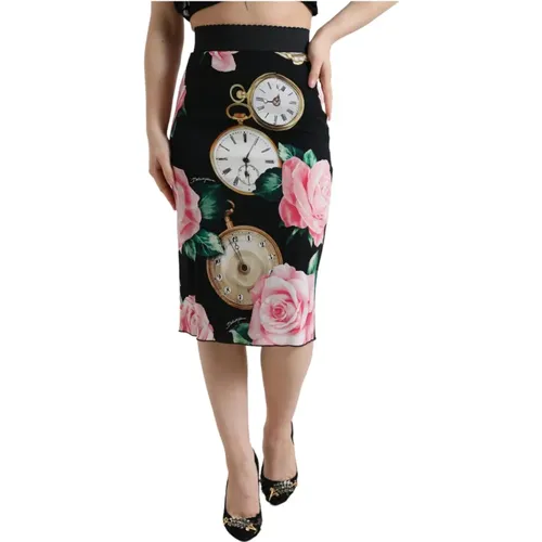 Seidenrock mit Rosen- und Uhrendruck , Damen, Größe: 3XS - Dolce & Gabbana - Modalova