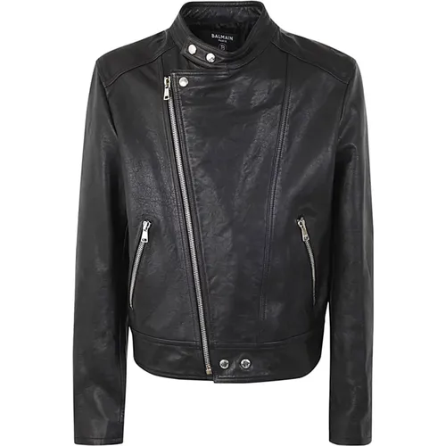 Zipped Calfskin Biker Jacket , male, Sizes: XL - Balmain - Modalova