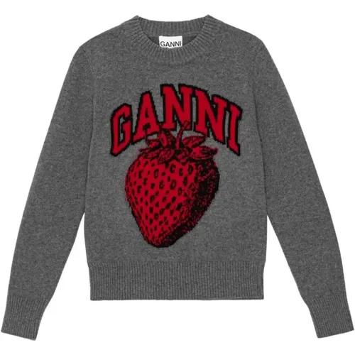 Grey Intarsia Knit Sweater , female, Sizes: L - Ganni - Modalova