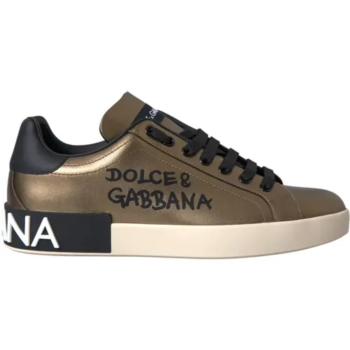 Gold Schwarz Portofino Leather Sneakers Shoes , male, Sizes: 8 UK - Dolce & Gabbana - Modalova