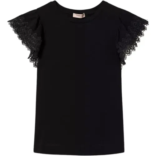 Schwarze T-Shirts und Polos mit Makramee-Details , Damen, Größe: L - Twinset - Modalova