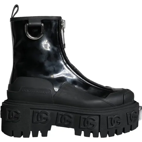 Schwarze Leder Gummistiefel mit Logo - Dolce & Gabbana - Modalova