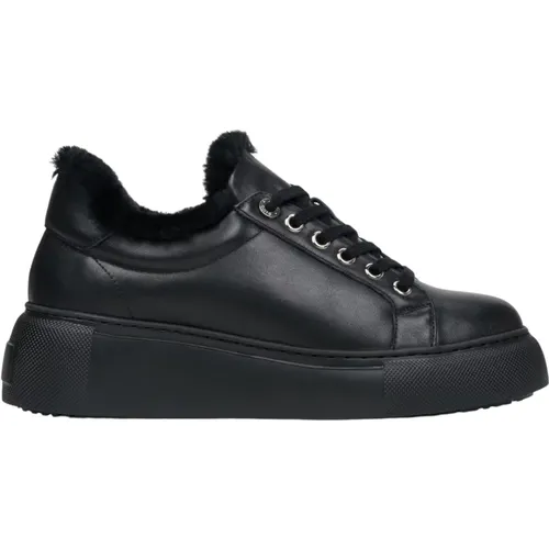 Damen Schwarze Leder- & Pelz-Low-Top-Sneakers für den Winter Er00112115 - Estro - Modalova