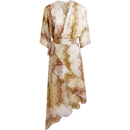 Elegantes Chiffon Midi Kleid mit V-Ausschnitt und 3/4 Ärmeln , Damen, Größe: L - Guess - Modalova